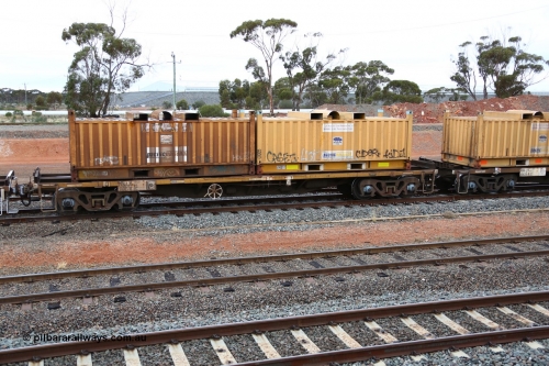 160524 4289
West Kalgoorlie, 1MP2 steel train, RKLY 20383, totally unrecognisable from original build by EPT NSW 1979-81 as part of a batch of two hundred BDY type 14.20 metre open waggons, had several recoding's prior to its current guise, loaded with two RH type coil containers or 'butter boxes' RH 166 and RH 277.
Keywords: RKLY-type;RKLY20383;EPT-NSW;BDY-type;NODY-type;