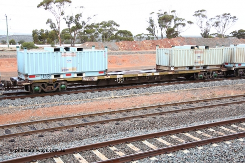 160524 4297
West Kalgoorlie, 1MP2 steel train, RQGY 34490 originally built by Tulloch Ltd NSW as part of a batch of one hundred OCY type 19.20 metre container waggons, recoded to NQOY and NQGY, seen here loaded with two RV type coil or 'butter box' containers RV 057 and RV 007.
Keywords: RQGY-type;RQGY34490;Tulloch-Ltd-NSW;OCY-type;NQOY-type;NQGY-type;