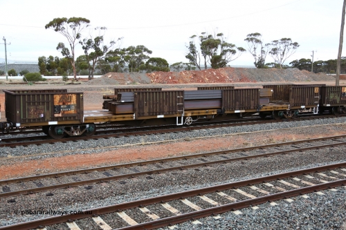 160524 4309
West Kalgoorlie, 1MP2 steel train, RKOX 4000, originally built by Transfield WA in 1976 as part of a batch of two hundred GOX type open waggons, recoded to AOOX, then to AKOX. Loaded with long products.
Keywords: RKOX-type;RKOX4000;Transfield-WA;GOX-type;AOOX-type;AKOX-type;