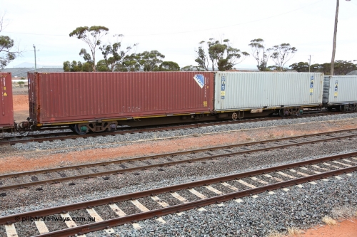 160524 4326
West Kalgoorlie, 1MP2 steel train, RQWW 22027 container waggon, one of thirty two built by Comeng NSW in 1973-75 as JCW type 80' container waggon, recoded to NQTW, then NQWW. These differ from the follow on batches of the JCW type. Loaded with two 4EG1 type 40' boxes, RSSU 099649 and RWTU 941129.
Keywords: RQWW-type;RQWW22027;Comeng-NSW;JCW-type;NQTW-type;NQWW-type;