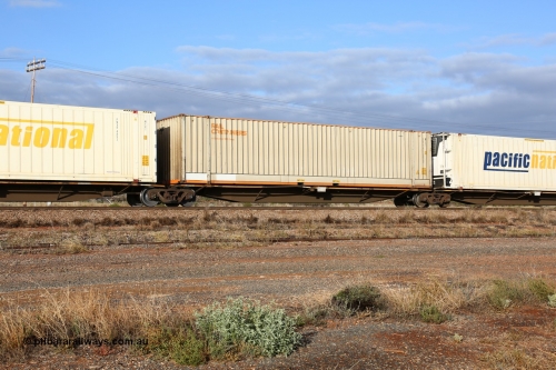 160525 4462
Parkeston, 3PM7 priority service train, RRAY 7243 platform 3 of 5-pack articulated skel waggon set, one of 100 built by ABB Engineering NSW 1996-2000, 48' deck with a Rail Containers sea2rail 48' box SCFU 411203.
Keywords: RRAY-type;RRAY7243;ABB-Engineering-NSW;
