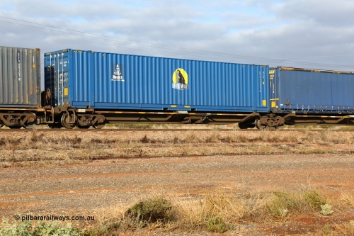 160525 4502
Parkeston, 3PM7 priority service train, RQQY 7079 platform 1 of 5-pack articulated skel waggon set, one of seventeen sets built by Qld Rail at Ipswich Workshops in 1995, 48' Royal Wolf box RVTU 922062.
Keywords: RQQY-type;RQQY7079;Qld-Rail-Ipswich-WS;