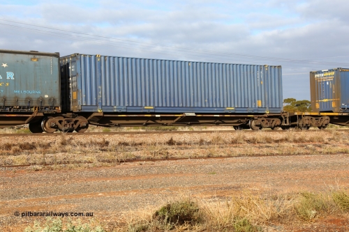 160525 4506
Parkeston, 3PM7 priority service train, RQQY 7079 platform 5 of 5-pack articulated skel waggon set, one of seventeen sets built by Qld Rail at Ipswich Workshops in 1995, 48' plain blue Pacific National box PNXD 4172.
Keywords: RQQY-type;RQQY7079;Qld-Rail-Ipswich-WS;
