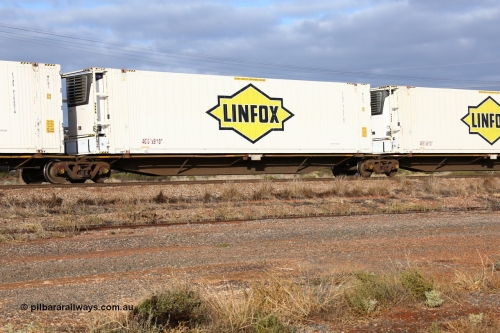 160525 4536
Parkeston, 3PM7 priority service train, RRAY 7229 platform 3 of 5-pack articulated skel waggon set, one of 100 built by ABB Engineering NSW 1996-2000, 48' deck with a Linfox 46' 6