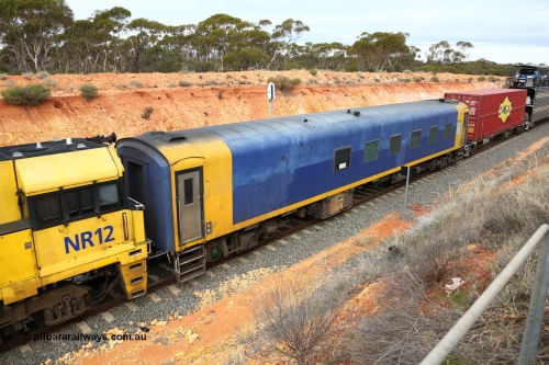 160526 5203
West Kalgoorlie, 4PM6 intermodal train, Pacific National BRS type crew accommodation coach BRS 221, originally built by Victorian Railways Newport Workshops in November 1940 as an AS type first class sitting car for the Spirit of Progress as AS 6, in April 1983 converted to a combined sitting accommodation and a mini refreshment service as BRS type BRS 1, then in September 1985 renumbered to BRS 221. Sold to West Coast Railway mid 1990s, converted to crew car after 2004.
Keywords: BRS-type;BRS221;Victorian-Railways-Newport-WS;AS-type;AS6;BRS-type;BRS1;