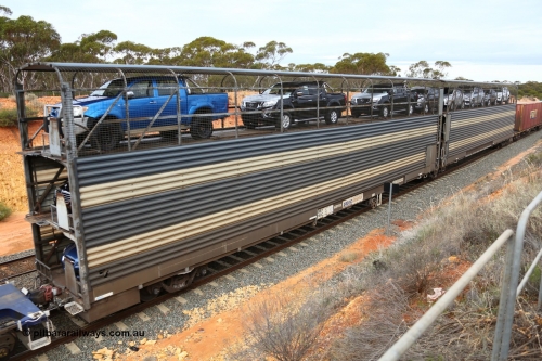 160526 5205
West Kalgoorlie, 4PM6 intermodal train, RMEY 3160 articulated 2-pack triple deck automobile waggon, converted by Cheeseman Engineering in 2004 from former 1971 vintage AE Goodwin built GNX automobile waggons with a full six decks of motor vehicles.
Keywords: RMEY-type;RMEY3160;Cheeseman-Engineering-SA;AE-Goodwin;GNX-type;AMNX-type;