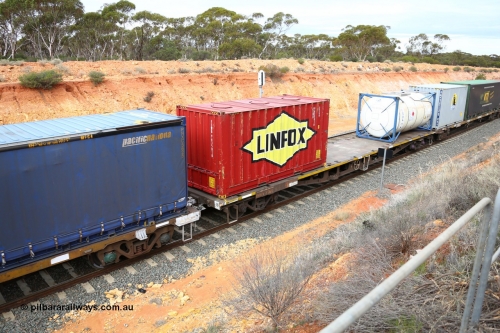 160526 5210
West Kalgoorlie, 4PM6 intermodal train, RRKY 2766 container waggon, one of fifty five built by Perry Engineering SA in 1974 as class RMX, recoded to AQMX, AQSY, RQKY, 20' Linfox FSWB 963501 top loading container and a Cronos 20' tanktainer CRXU 861086.
Keywords: RRKY-type;RRKY2766;Perry-Engineering-SA;RMX-type;AQMX-type;AQSY-type;RQKY-type;