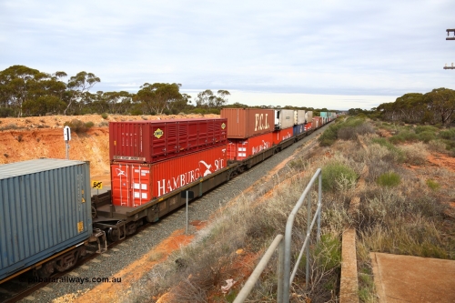 160526 5225
West Kalgoorlie, 4PM6 intermodal train, RRXY 6 view along the double stacked portion of the train.
Keywords: RRXY-type;RRXY6;Williams-Worley;Bradken-Rail-Qld;