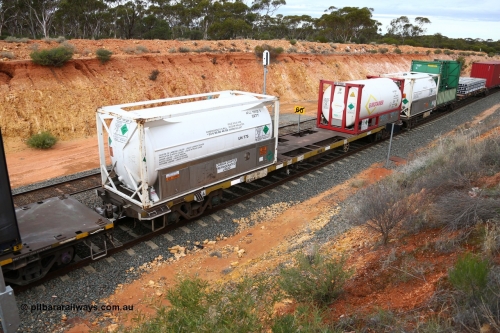 160526 5240
West Kalgoorlie, 4PM6 intermodal train, RQSY 34362 container waggon, one of one hundred built by Tulloch Ltd NSW 1974-75 as OCY class, recoded to NQOY, then NQSY, two 20' tanktainers, Air Liquide WA AFLU 100128 and Eurotainer EURU 920003 both with carbon dioxide.
Keywords: RQSY-type;RQSY34362;Goninan-NSW;OCY-type;