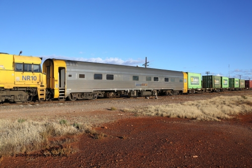 160528 8315
Parkeston, priority service 6PS7, crew accommodation coach RZAY 944, built by Comeng NSW in 1969 as ARJ 244, a stainless steel air conditioned roomette sleeping car, renumbered in 1974 to 944, rebuilt by AN Rail Port Augusta Workshops to RZAY in 1997.
Keywords: RZAY-type;RZAY944;Comeng-NSW;ARJ-type;ARJ244;ARJ944;