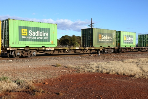 160528 8316
Parkeston, priority service 6PS7, NQOY 14997 container waggon, one of fifty built by Tulloch Ltd NSW as type OCY in 1974-75, loaded with two Sadleirs 20' 2BE0 type boxes RCSB 5110 and RCSB 5015.
Keywords: NQOY-type;NQOY14997;Tulloch-Ltd-NSW;OCY-type;
