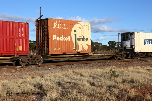160528 8325
Parkeston, priority service 6PS7, RQQY 7083 platform 1 of 5-pack articulated skel waggon set, one of seventeen sets built by Qld Rail at Ipswich Workshops in 1995, with an FCL 20' Pocket Jumbo 50 m3 box FPJG 201010[0].
Keywords: RQQY-type;RQQY7083;Qld-Rail-Ipswich-WS;