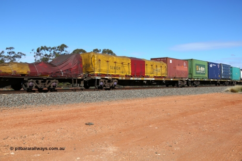 160528 8398
Binduli, intermodal train 6PM6, RQGY 34471 container waggon, built by Tulloch Ltd NSW as type OCY in 1974/75, with 40' Simon tarped FD type flatrack FD 223 and a red Cronos 20' box CRXU 265544.
Keywords: RQGY-type;RQGY34471;Tulloch-Ltd-NSW;OCY-type;NQOY-type;
