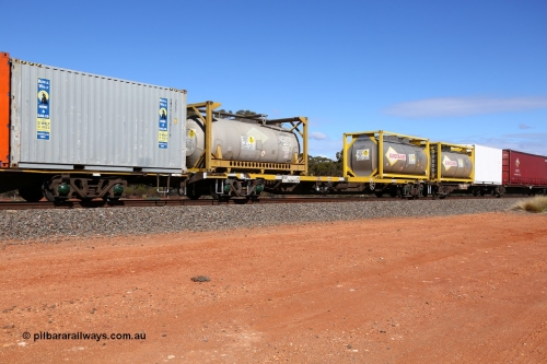 160528 8410
Binduli, intermodal train 6PM6, RQSY type container flat waggon RQSY 34347, originally built by Goninan NSW as an OCY type in 1974/75 in a batch of one hundred. Recoded to NQOY then to NQSY and to National Rail in 1994 as RQSY. Loaded with two 20' 22T6 type ISO tank tainers, CCRU 197261 and Eurotainer EURU 191837, both with ammonium nitrate suspended in solution.
Keywords: RQSY-type;RQSY34347;Goninan-NSW;OCY-type;NQOY-type;NQSY-type;
