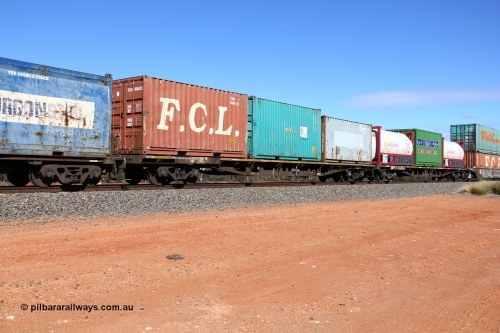 160528 8413
Binduli, intermodal train 6PM6, RQKY type container waggon RQKY 3073, originally built by Carmor Engineering SA in 1975 as an RMX type in a batch of fifty waggons. Recoded to AQMX then AQSY in 1988, then to RQKY in 1994. Loaded with three 20' containers, FCL FCGU 960485, Toll 2EG9 type NB 29162 and a 22G1 type 076740.
Keywords: RQKY-type;RQKY3073;Carmor-Engineering-SA;RMX-type;AQMX;AQSY-type;
