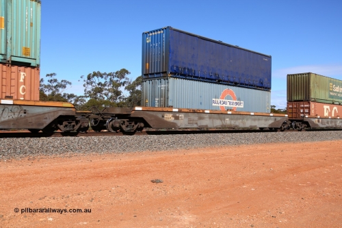 160528 8416
Binduli, intermodal train 6PM6, RRZY type five unit bar coupled well container waggon set RRZY 7016 platform 2, originally built by Goninan in a batch of twenty six RQZY type for National Rail, recoded when repaired. Railroad transport 40' 4FG1 type container RRTU 004070 double stacked with Royal Wolf 40' curtain sider container RWTU 903061.
Keywords: RRZY-type;RRZY7016;Goninan-NSW;RQZY-type;