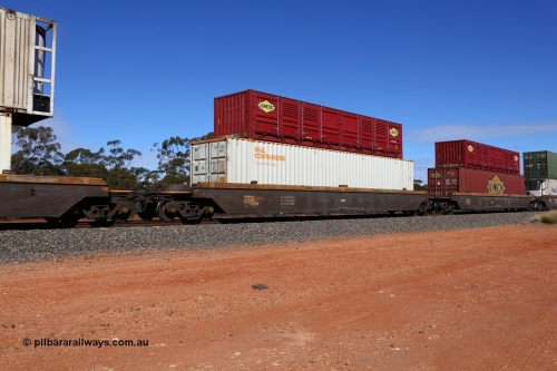 160528 8446
Binduli, intermodal train 6PM6, RRZY type five unit bar coupled well container waggon set RRZY 7023 platform 2, originally built by Goninan in a batch of twenty six RQZY type for National Rail, recoded when repaired. Loaded with a Rail Containers 48' MFG1 type container SCFU 412611[2] double stacked with a 40' Linfox half height side door container LSDU 6940071.
Keywords: RRZY-type;RRZY7023;Goninan-NSW;RQZY-type;