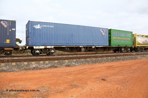 160529 8780
Parkeston, 6MP4 intermodal train, RQFY 80 container waggon, built by Victorian Railways Bendigo Workshops in 1980 as a batch of seventy five VQFX type skeletal container waggons, recoded to VQFY c1985, then RQFY May 1994, May 1995 to RQFF, then 2CM bogies fitted in Aug 1995 and current code Feb 1996, loaded with a 40' 4EG1 type Cronos box CXSU 103748[8] and a 20' 2EG1 type Pedemonts box PHR 529.
Keywords: RQFY-type;RQFY80;Victorian-Railways-Bendigo-WS;VQFX-type;