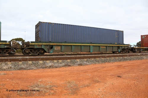 160529 8801
Parkeston, 6MP4 intermodal train, RRXY 8 platform 1 of 5-pack well waggon set, one of eleven built by Bradken Qld in 2002 for Toll from a Williams-Worley design with a 48' Pacific National box PNXD 4143.
Keywords: RRXY-type;RRXY8;Williams-Worley;Bradken-Rail-Qld;