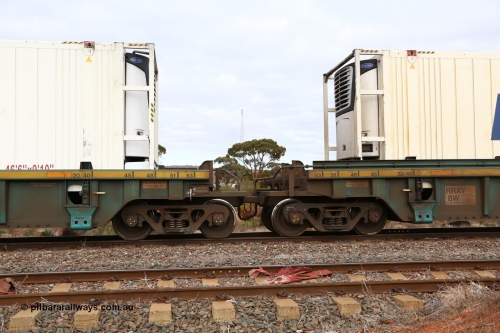 160529 8804
Parkeston, 6MP4 intermodal train, RRXY 8 shows the bar coupling and pipes between platform 3 and 4 of 5-pack well waggon set, one of eleven built by Bradken Qld in 2002 for Toll from a Williams-Worley design.
Keywords: RRXY-type;RRXY8;Williams-Worley;Bradken-Rail-Qld;