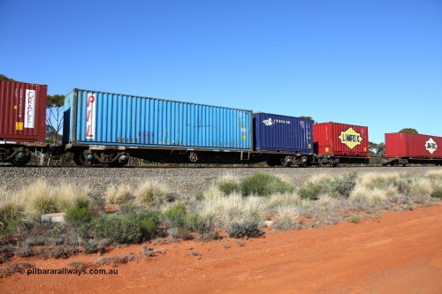 160530 9261
Binduli, 7SP3 intermodal service, RQFY 60 container waggon, built by Victorian Railways Newport Workshops in 1978 in a batch of twenty as QMX type skeletal container waggons, recoded to VQFX c1979, then April 1994 RQFX.
Keywords: RQFY-type;RQFY60;Victorian-Railways-Newport-WS;QMX-type;