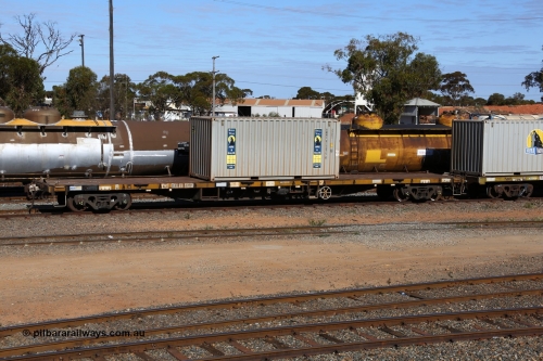 160531 9874
West Kalgoorlie, RRDY type 60' container waggon RRDY 120 appears to be a former SAR FQX / AQCX type waggon. Loaded with a 20' Royal Wolf 22G1 type container RWMC 815875. 31st of May 2016
Keywords: RRDY-type;RRDY120;SAR-Islington-WS;FQX-type;