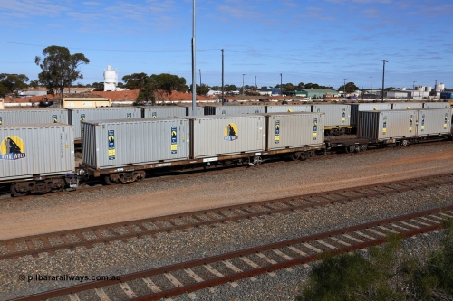 160531 9906
West Kalgoorlie, 1MP2 steel train, container waggon RQTY 21 originally built by SAR at Islington Workshops between 1970-72 as part of a batch of seventy two FQX type container waggons loaded with three 20' Royal Wolf boxes RWMC 815945, RWMC 818000 and RWMC 815949.
Keywords: RQTY-type;RQTY21;SAR-Islington-WS;FQX-type;