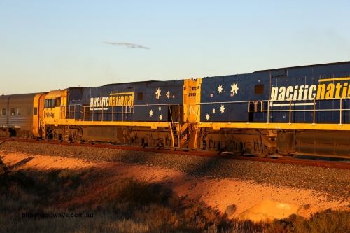 160601 10090
West Kalgoorlie, 2MP5 intermodal service climbs up the grade from Kalgoorlie, Goninan built GE model Cv40-9i NR class unit NR 64 serial 7250-11/96-266, as the sun goes down.
Keywords: NR-class;NR64;Goninan;GE;Cv40-9i;7250-11/96-266;