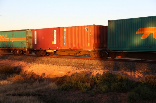 160601 10136
West Kalgoorlie, 2MP5 intermodal train, RRGY 7133 40' platform 1 of 5-pack articulated skel waggon, one of fifty built by AN Rail Islington Workshops in 1996-97 as type RRBY, later rebuilt with 48' intermediate decks and coded RRGY, two 20' boxes, a Cronos 2EG9 type BSPD 084074[5] and a Grace 2EG1 type GRRU 230884[8].
Keywords: RRGY-type;RRGY7133;AN-Islington-WS;RRBY-type;