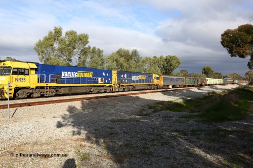 160609 0390
Woodbridge, MISS FIRE!! 5PM5 intermodal train arrives at the triangle and splits signal post 82 and 84 with power from Goninan built GE model Cv40-9i NR class unit NR 35 serial 7250-06/97-237 and a sister unit with 39 waggons for a length of 1791 metres and 3960 tonnes. Behind the crew coach are the Sadleirs louvre vans and an RMEY triple deck articulated car carrying waggon.
Keywords: NR-class;NR35;Goninan;GE;Cv40-9i;7250-06/97-237;