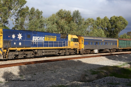 160609 0391
Woodbridge, 5PM5 intermodal train second unit locomotive Goninan built GE model Cv40-9i NR class unit NR 91 serial 7250-05/97-294 and crew accommodation coach RZEY 4.
Keywords: NR-class;NR91;Goninan;GE;Cv40-9i;7250-05/97-294;