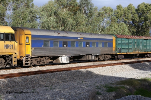 160609 0392
Woodbridge, 5PM5 intermodal train with crew accommodation coach RZEY 4, built by South Australian Railways Islington Workshops as Purpawi in 1955 for use on The Overland, coded JRA 4, to West Coast Railway, converted to RZEY by Bluebird Rail Operations in 2007.
Keywords: RZEY-type;RZEY4;SAR-Islington-WS;JRA-type;JRA4;Purpawi;