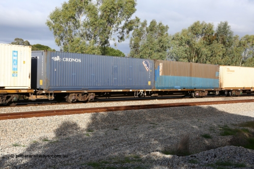 160609 0410
Woodbridge, 5PM5 intermodal train, RQJW 60027 jumbo container waggon, one of fifty built by EPT NSW as NQJW type in 1984-85, with two 40' 4GE1 type boxes, Cronos TSPD 092078[1] and Austrans AUSU 471885[0] with SCF logo.
Keywords: RQJW-type;RQJW60027;EPT-NSW;NQJW-type;