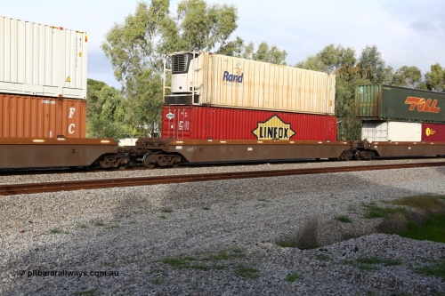 160609 0418
Woodbridge, 5PM5 intermodal train, platform 4 of 5-pack RRRY 7008 well waggon set, one of nineteen built in China at Zhuzhou Rolling Stock Works for Goninan in 2005, Linfox 48' box DRC 468 and Rand Refrigerated Logistics 46'6