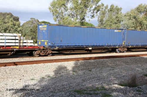 160609 0434
Woodbridge, 5PM5 intermodal train, RRAY 7179 platform 2 of 5-pack articulated skel waggon set, one of 100 built by ABB Engineering NSW 1996-2000, with a Pacific National 48' MFG4 type curtainsider PNXC 5634.
Keywords: RRAY-type;RRAY7179;ABB-Engineering-NSW;