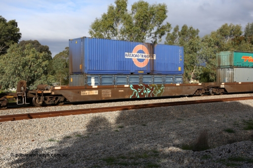 160609 0464
Woodbridge, 5PM5 intermodal train, RRZY 7008 platform 5 of 5-pack well waggon set, the prototype of the RQZY type, first of twenty six sets built by Goninan in 1995-96 for National Rail, later rebuilt and recoded RRZY double stacked with a Railroad Transport 40' 4FG1 type box RRTU 004045[6] and an SCF 40' half height side door container SCFU607080[9].
Keywords: RRZY-type;RRZY7008;Goninan-NSW;RQZY-type;