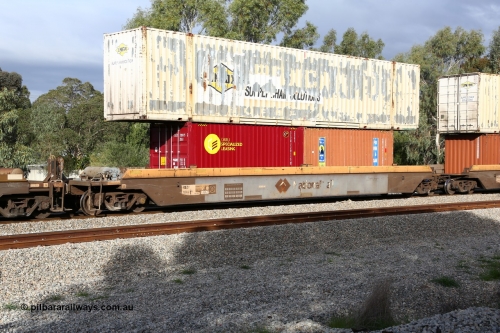 160609 0470
Woodbridge, 5PM5 intermodal train, RRZY 7049 platform 5 of 5-pack well waggon set, one of thirty two sets built by Goninan NSW in 1995-96 for National Rail as RQZY type, recoded to RRZY when repaired loaded with two 20' 2EG1 type boxes, CARU Specialized Leasing SLZU 720115 and Royal Wolf RWTU 971203 with a Linfox 53' box on top DRC 440.
Keywords: RRZY-type;RRZY7049;Goninan-NSW;RQZY-type;