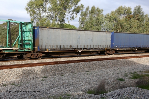 160609 0482
Woodbridge, 5PM5 intermodal train, RRAY 7180 platform 2 of 5-pack articulated skel waggon set, one of a hundred built by ABB Engineering NSW 1996-2000, 48' deck with a Pacific National 48' curtainsider PNXC 002.
Keywords: RRAY-type;RRAY7180;ABB-Engineering-NSW;