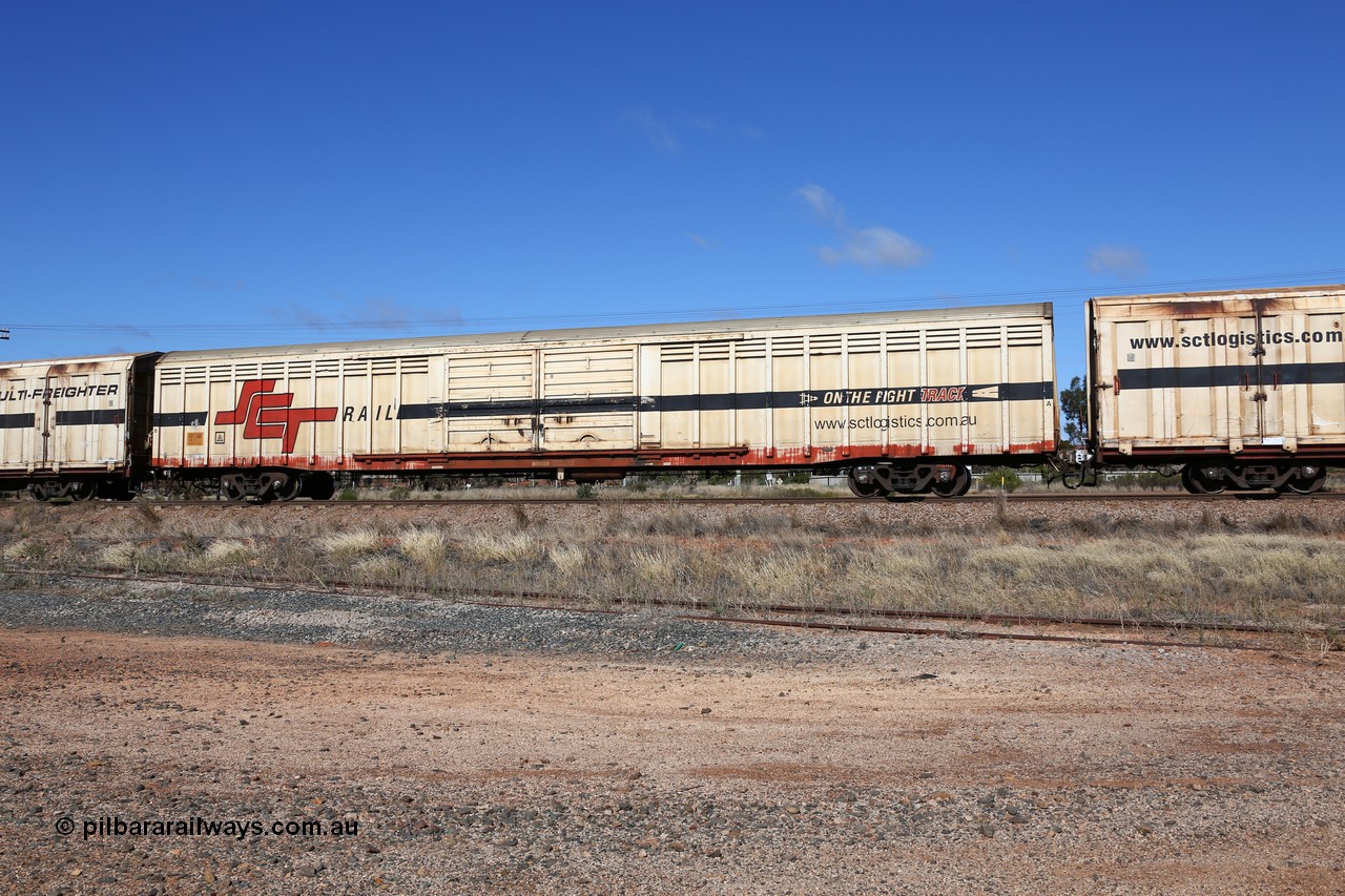 160522 2246
Parkeston, SCT train 6MP9 operating from Melbourne to Perth, ABSY type ABSY 2466 covered van, originally built by Mechanical Handling Ltd SA in 1971 for Commonwealth Railways as VFX type recoded to ABFX and then RBFX to SCT as ABFY before being converted by Gemco WA to ABSY type in 2004/05.
Keywords: ABSY-type;ABSY2466;Mechanical-Handling-Ltd-SA;VFX-type;ABFY-type;