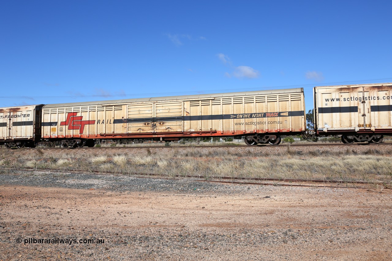160522 2252
Parkeston, SCT train 6MP9 operating from Melbourne to Perth, ABSY type ABSY 2474 covered van, originally built by Mechanical Handling Ltd SA in 1972 for Commonwealth Railways as VFX type recoded to ABFX and then RBFX to SCT as ABFY before being converted by Gemco WA to ABSY type in 2004/05.
Keywords: ABSY-type;ABSY2474;Mechanical-Handling-Ltd-SA;VFX-type;ABFY-type;