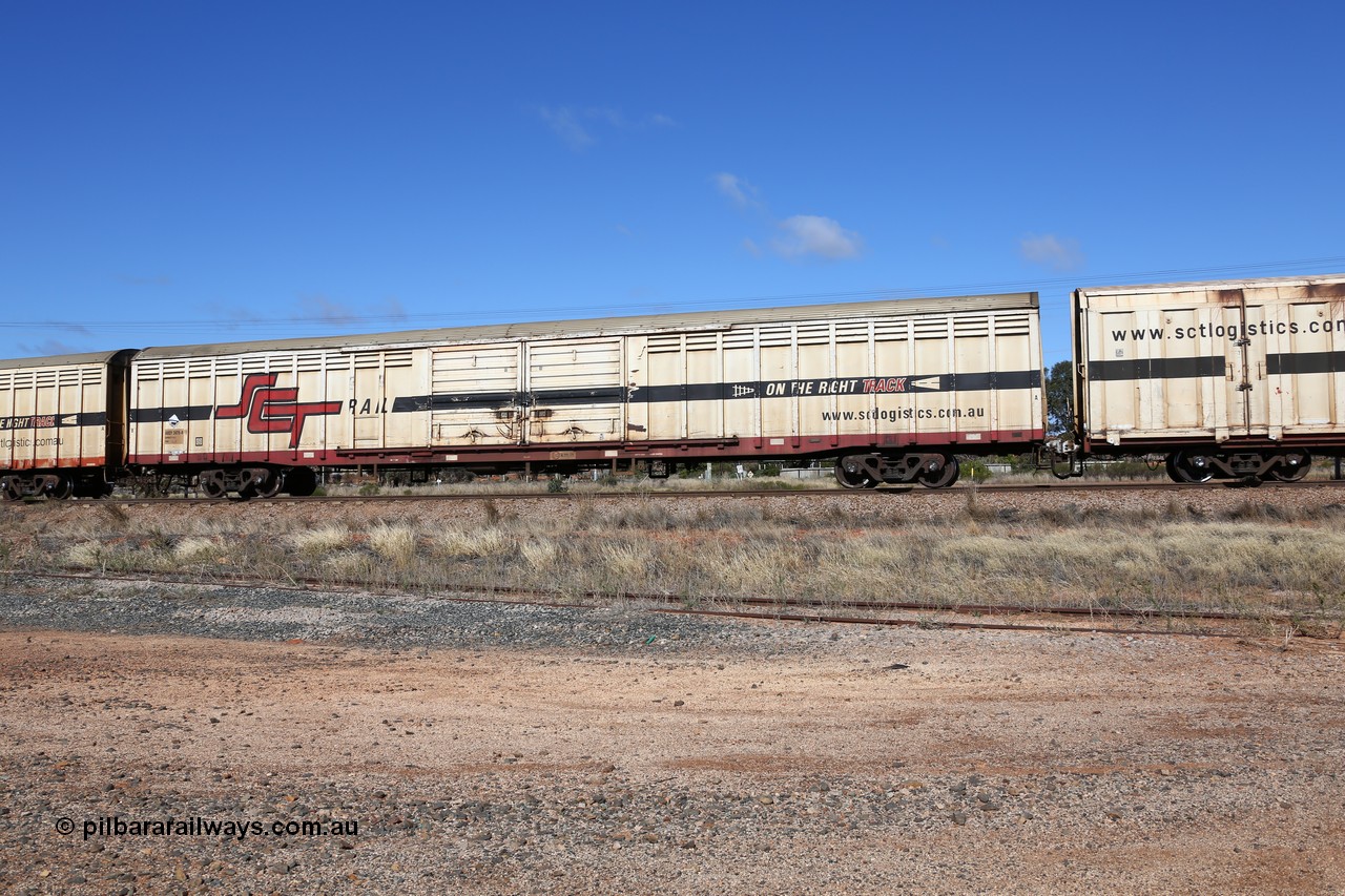 160522 2254
Parkeston, SCT train 6MP9 operating from Melbourne to Perth, ABSY type ABSY 2479 covered van, originally built by Mechanical Handling Ltd SA in 1972 for Commonwealth Railways as VFX type recoded to ABFX and then RBFX before being converted by Gemco WA to ABSY type in 2004/05.
Keywords: ABSY-type;ABSY2479;Mechanical-Handling-Ltd-SA;VFX-type;ABFY-type;
