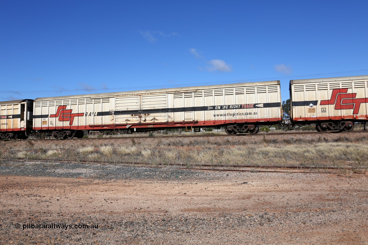 160522 2256
Parkeston, SCT train 6MP9 operating from Melbourne to Perth, ABSY type ABSY 2455 covered van, originally built by Mechanical Handling Ltd SA in 1971 for Commonwealth Railways as VFX type recoded to ABFX and then RBFX to SCT as ABFY before being converted by Gemco WA to ABSY type in 2004/05.
Keywords: ABSY-type;ABSY2455;Mechanical-Handling-Ltd-SA;VFX-type;ABFY-type;