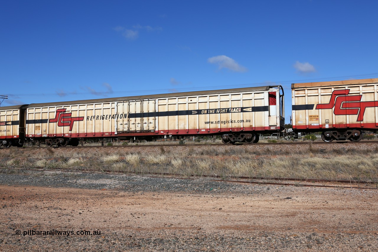 160522 2275
Parkeston, SCT train 6MP9 operating from Melbourne to Perth, ARBY type ARBY 3094 refrigerated van, originally built by Comeng WA in 1977 as a VFX type covered van for Commonwealth Railways, recoded to ABFX, RBFX and finally converted from ABFY by Gemco WA in 2004/05 to ARBY.
Keywords: ARBY-type;ARBY3094;Comeng-WA;VFX-type;