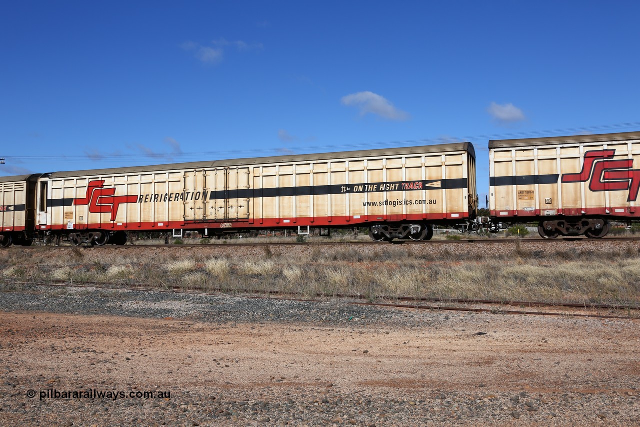 160522 2276
Parkeston, SCT train 6MP9 operating from Melbourne to Perth, ARBY type ARBY 2686 refrigerated van, originally built by Comeng NSW in 1973 as a VFX type covered van for Commonwealth Railways, recoded to ABFX, ABGY and finally converted from ABFY by Gemco WA in 2004/05 to ARBY.
Keywords: ARBY-type;ARBY2686;Comeng-NSW;VFX-type;