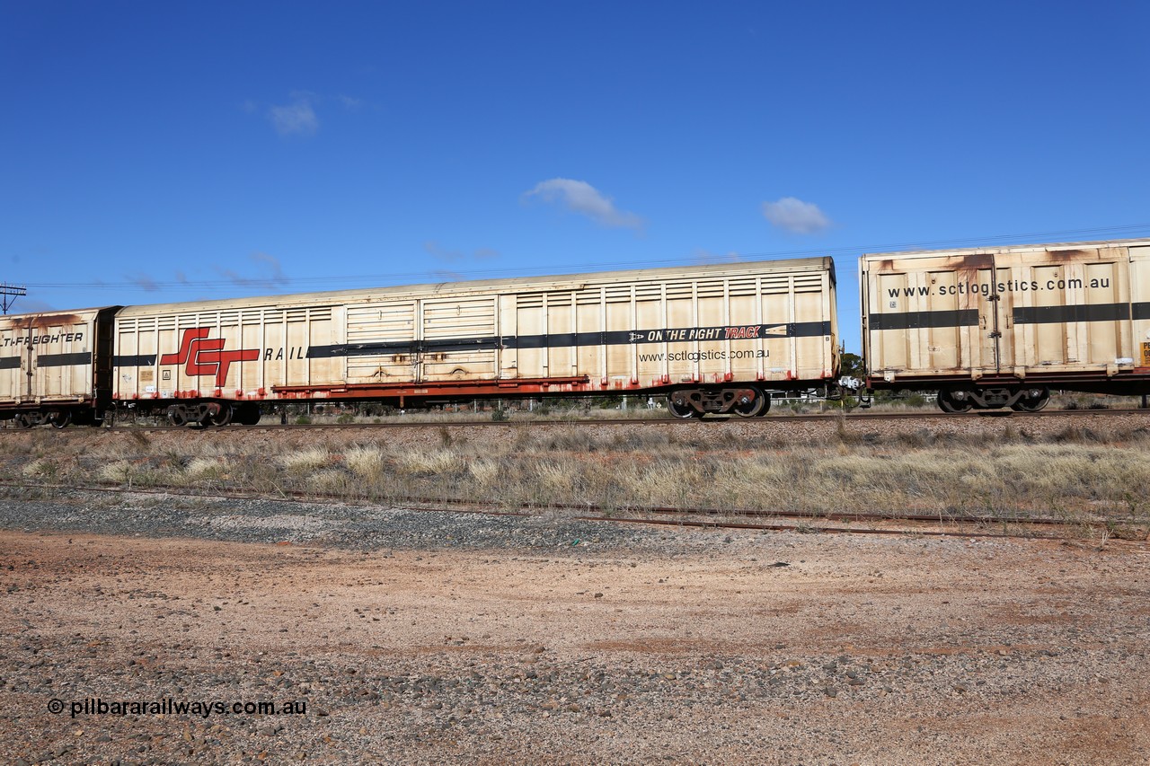 160522 2283
Parkeston, SCT train 6MP9 operating from Melbourne to Perth, ABSY type ABSY 4419 covered van, originally built by Comeng WA in 1977 for Commonwealth Railways as VFX type, recoded to ABFX and RBFX to SCT as ABFY before conversion by Gemco WA to ABSY in 2004/05.
Keywords: ABSY-type;ABSY4419;Comeng-WA;VFX-type;ABFX-type;ABFY-type;