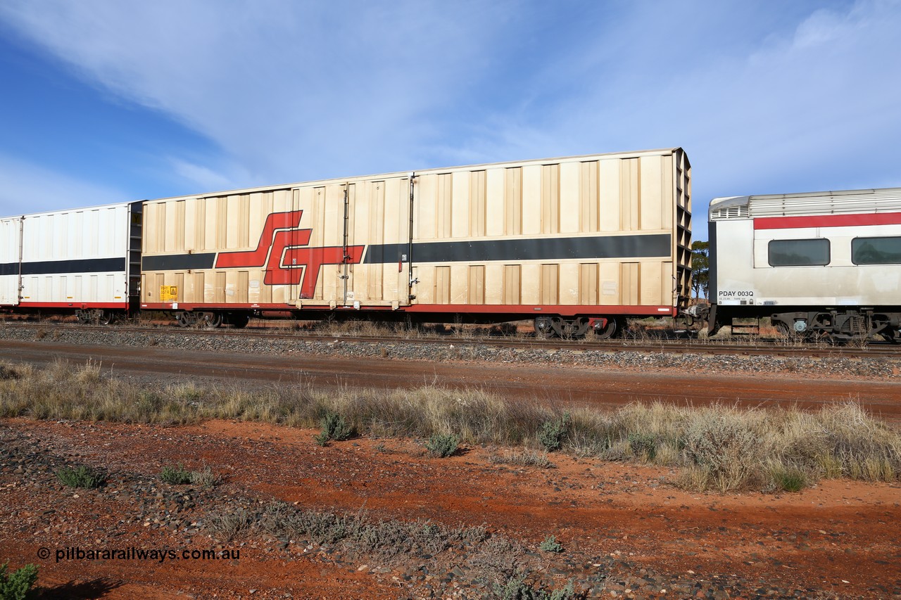 160523 2825
Parkeston, SCT train 7GP1 which operates from Parkes NSW (Goobang Junction) to Perth, PBHY type covered van PBHY 0057 Greater Freighter, one of a second batch of thirty units built by Gemco WA.
Keywords: PBHY-type;PBHY0057;Gemco-WA;