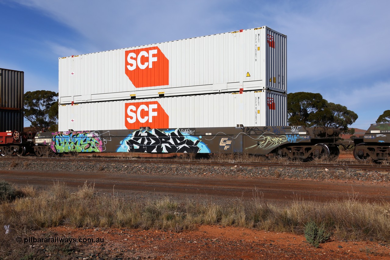 160523 2831
Parkeston, SCT train 7GP1 which operates from Parkes NSW (Goobang Junction) to Perth, CFCLA lease CQWY type well waggon set CQWY 5038-2 with a two SCF 48' MFG1 boxes SCFU 415202 and SCFU 415201. The CQWY was built by Bluebird Rail Operations in South Australia in 2008 as a batch of sixty pairs.
Keywords: CQWY-type;CQWY5038;CFCLA;Bluebird-Rail-Operations-SA;