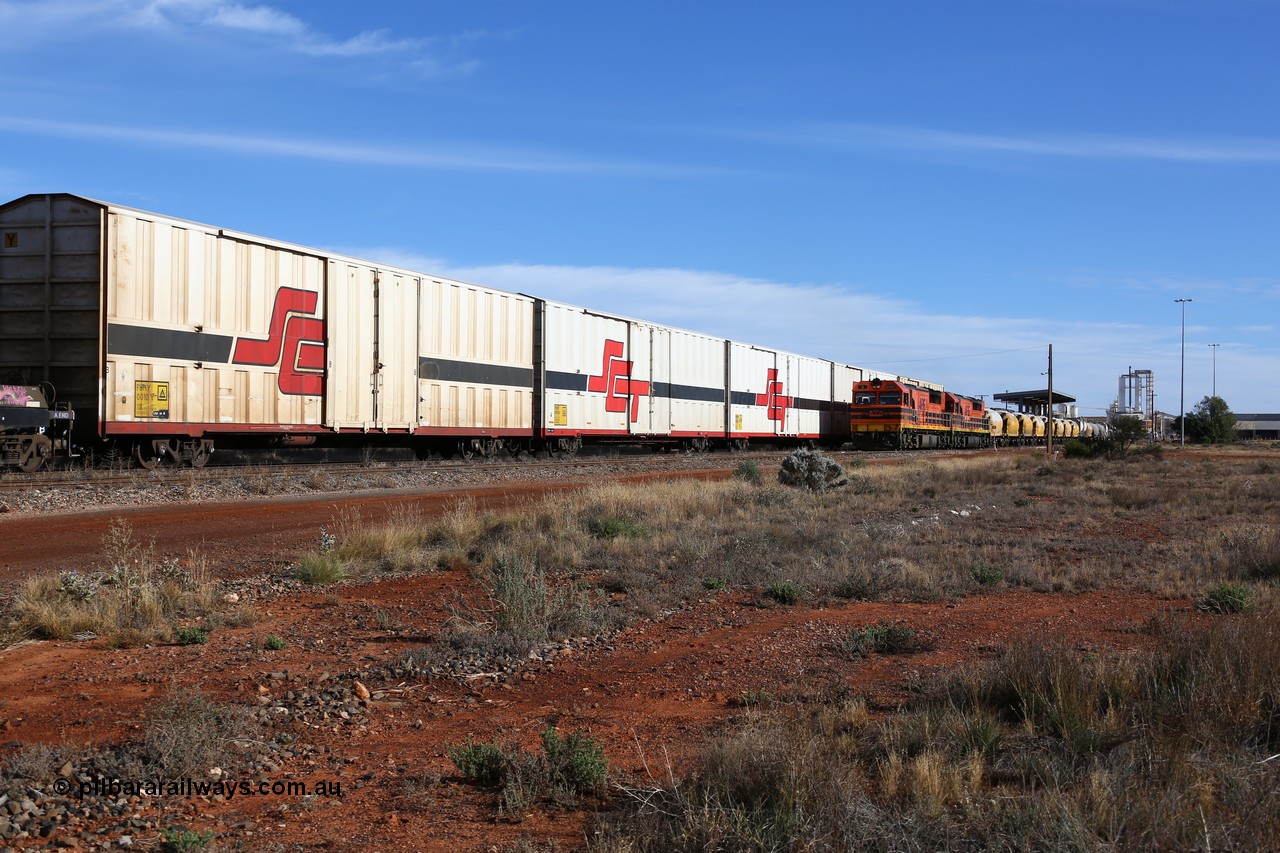 160523 2832
Parkeston, SCT train 7GP1 which operates from Parkes NSW (Goobang Junction) to Perth, PBHY type waggon PBHY 0010 Greater Freighter, one of thirty five units built by Gemco WA in 2005 with plain white doors.
Keywords: PBHY-type;PBHY0010;Gemco-WA;