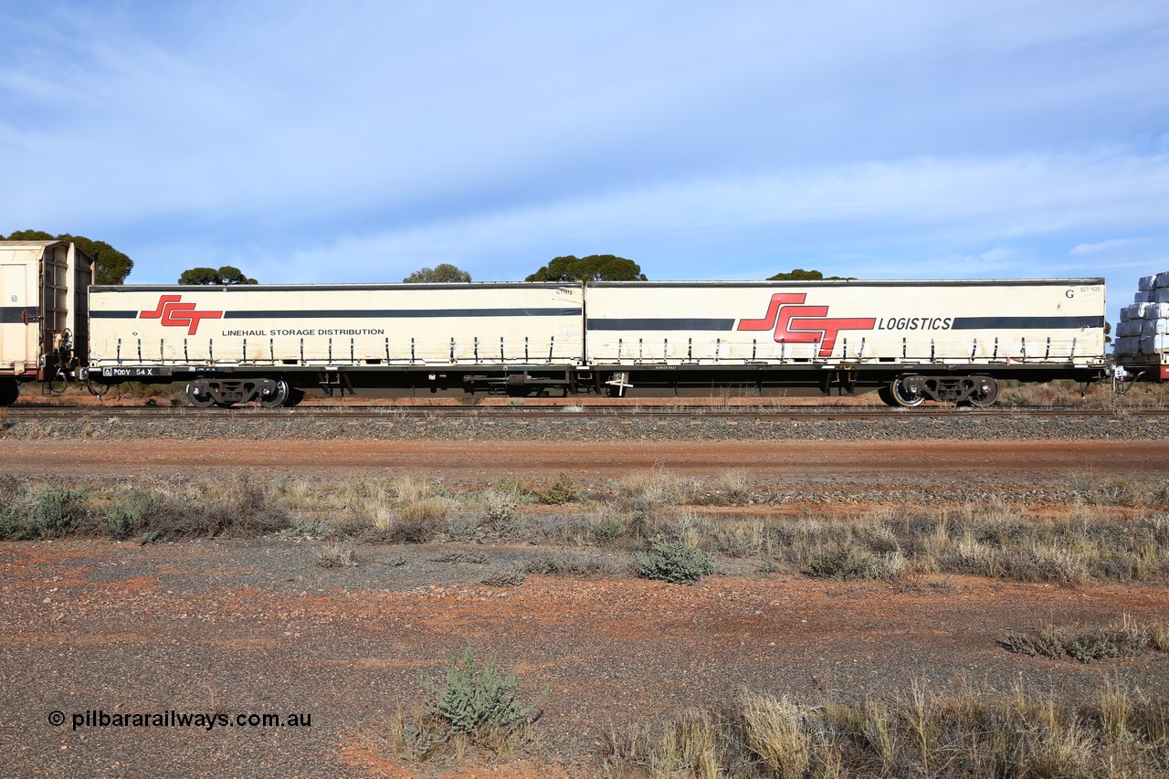 160523 2837
Parkeston, SCT train 7GP1 which operates from Parkes NSW (Goobang Junction) to Perth, originally built by V/Line's Bendigo Workshops in June 1986 as one of fifty VQDW type 'Jumbo' Container Flat waggons built, PQDY 54 still in Freight Australia green livery loaded with two SCT half height 40' curtain siders SCT 1012 'SCT Linehaul Storage Distribution' and SCT 1025 'SCT Logistics'.
Keywords: PQDY-type;PQDY54;Victorian-Railways-Bendigo-WS;VQDW-type;