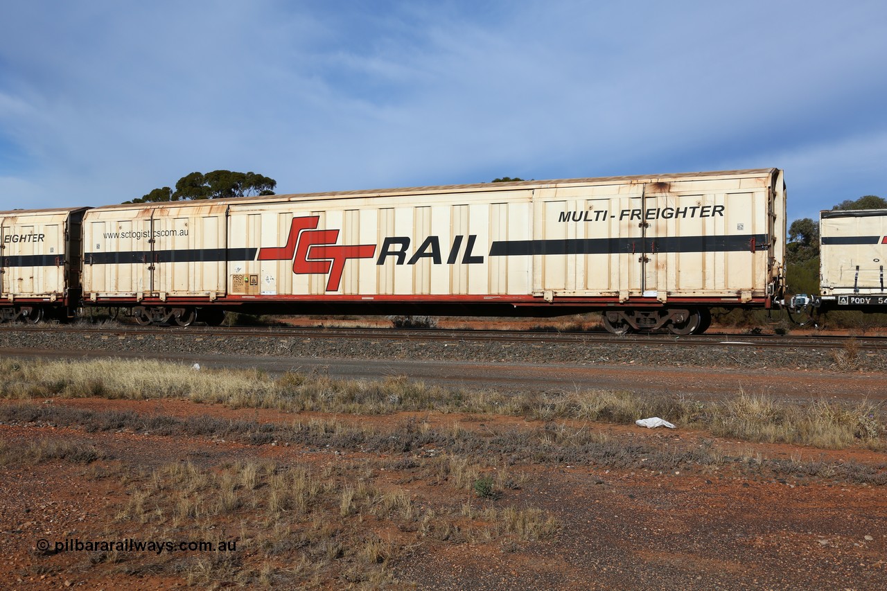 160523 2838
Parkeston, SCT train 7GP1 which operates from Parkes NSW (Goobang Junction) to Perth, PBGY type covered van PBGY 0105 Multi-Freighter, one of eighty units built by Gemco WA.
Keywords: PBGY-type;PBGY0105;Gemco-WA;